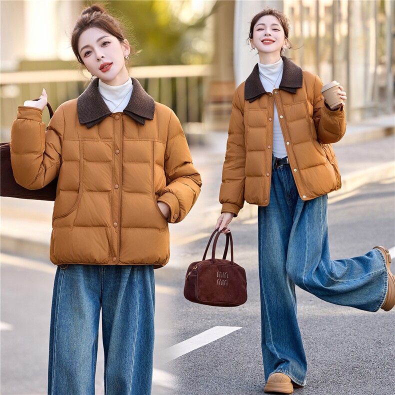 时尚短款羽绒服女2025年冬季新款气质小香风时尚翻领冬装保暖外套,女装羽绒服,拾衣
