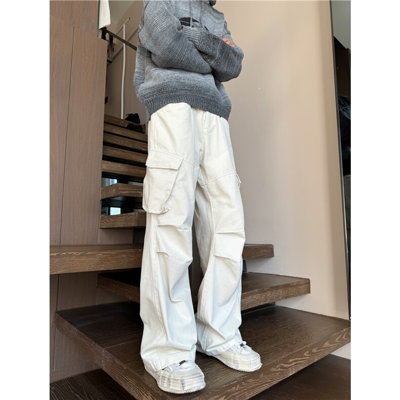 美式复古米白色多口袋宽松褶皱工装裤XZ603-K802-P65控88,男装休闲裤,星座603