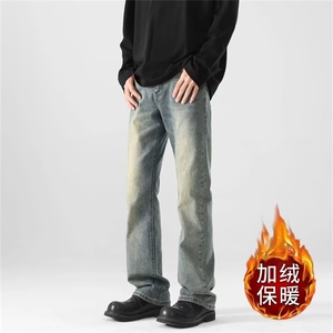 美式复古cleanfit黑色牛仔裤男宽松休闲直筒裤秋冬新款加绒长裤子图片