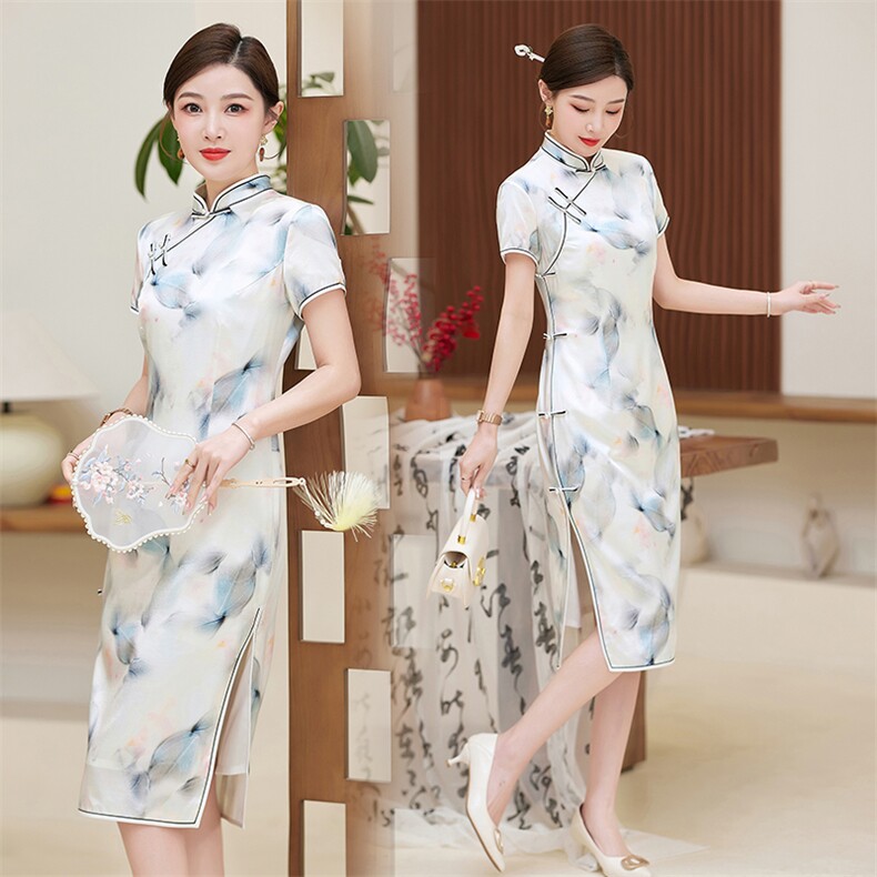 杭州丝绸缎面大牌重磅真丝旗袍桑蚕丝高端大气上档次女新中式改良，女装汉服/婚纱/旗袍/礼服，小荷流