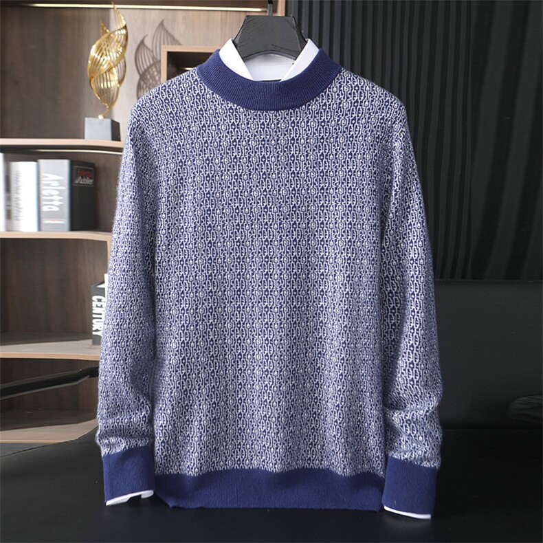时尚男士半高领提花针织羊绒衫经典百搭舒适保暖彰显品味，男装羊绒套衫，台绒羊绒