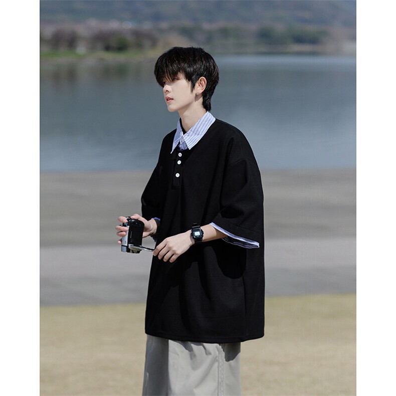 8XL-M假两件衬衫领短袖T恤大码夏季条纹拼接polo衫半袖DX1211/P45,男装T恤,电商B238