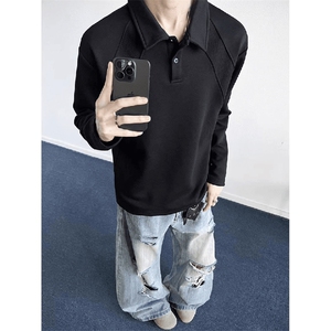 抖音得物高品质美式高街重磅曼巴棉结构螺纹拼接翻领卫衣长袖T恤图片