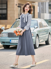 假两件连衣裙女2025春秋新款法式小香风气质蝴蝶结温柔风长袖裙子，女装连衣裙，铭街依杨