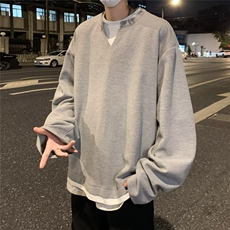 青少年华夫格假两件V领卫衣男夏秋长袖T恤潮纯色套头T3048/P34，男装T恤，星座506