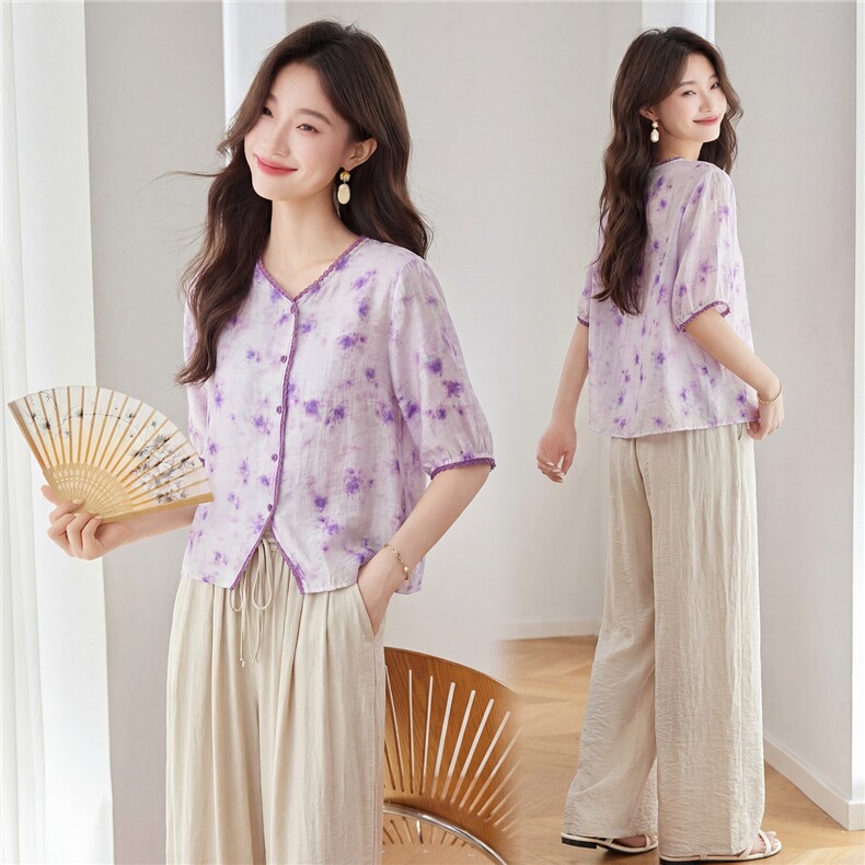 2026年夏季时尚天丝V领宽松阔腿裤裙裤套装女两件套，女装套装/套裙，依万里