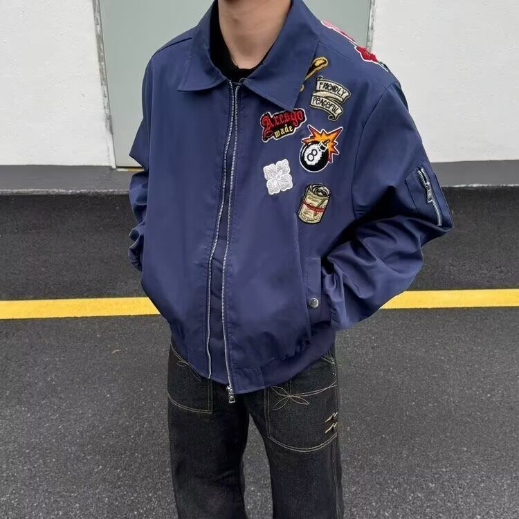 网红美式高街徽章字母印花棒球服男春秋季潮牌宽松百搭情侣外套，女装短外套，星座715-4