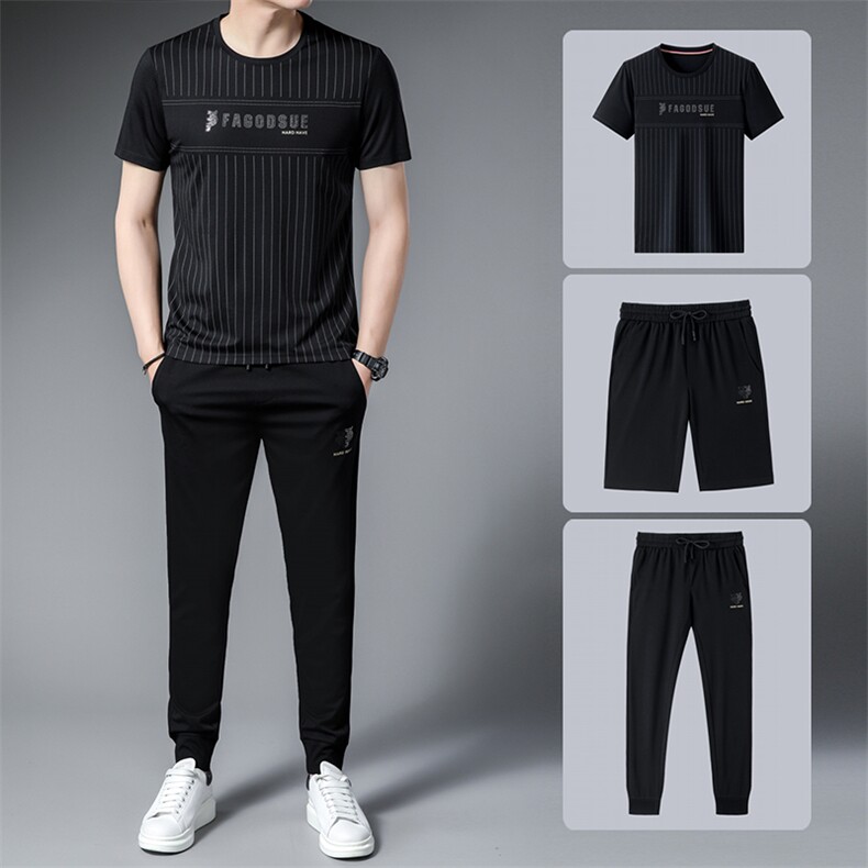夏季运动套装男爸爸夏装POLO衫冰丝薄款衣服中老年短袖长裤三件套图片