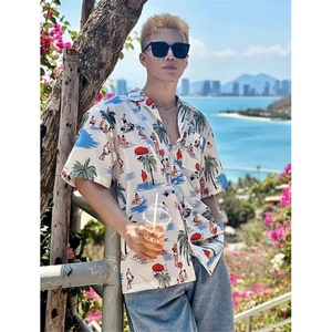 夏装女宽松时尚印花衬衫单排扣百搭休闲时髦上衣短袖衬衣 C2420图片