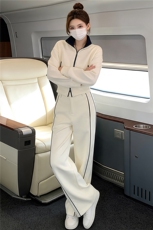 港风炸街休闲运动套装女春季洋气修身双头拉链卫衣阔腿长裤两件套，女装套装/套裙，江南