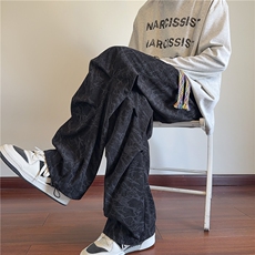 wassuphappy灯芯绒裤子男春秋季潮流褶皱运动长裤直筒阔腿休闲裤，男装休闲裤，电商B315