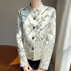 立领缎面梅花刺绣夹克外套女短款复古宽松显瘦气质休闲百搭长袖，女装短外套，圣丽羊绒