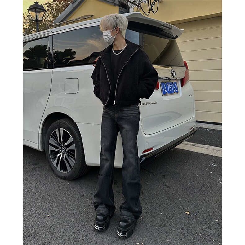 美式ins高街hiphop重工艺水洗暗黑微喇牛仔裤货号K2401P60图片