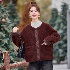 时尚撞色拼接毛呢外套女装显瘦保暖皮毛一体大衣，女装毛呢外套，微微衣阁