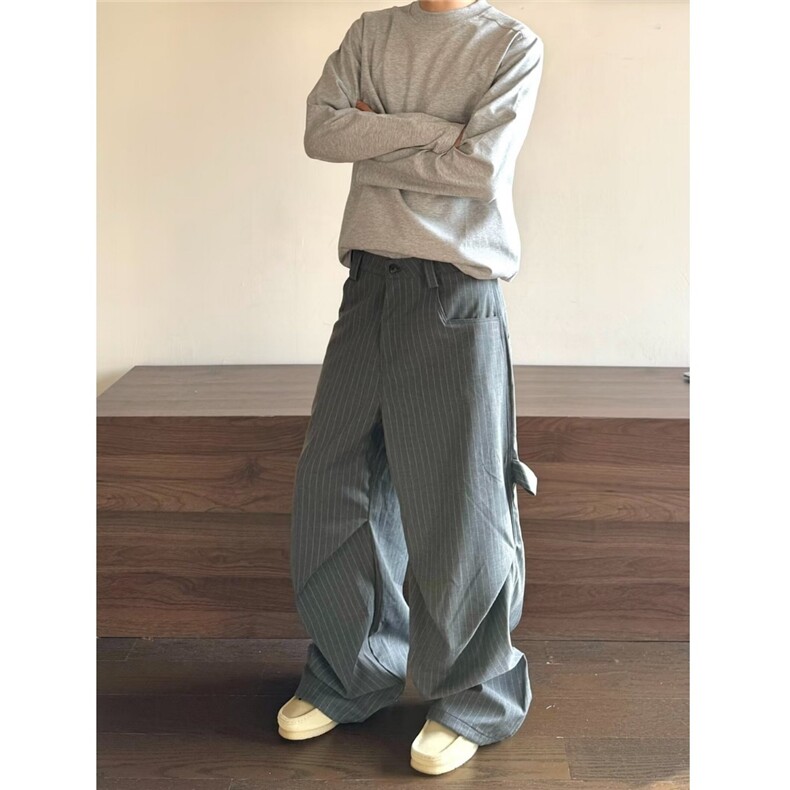 慵懒随性松弛条纹撞色低腰西装裤宽松阔腿显瘦直筒长裤,男装西服套装,星座506A