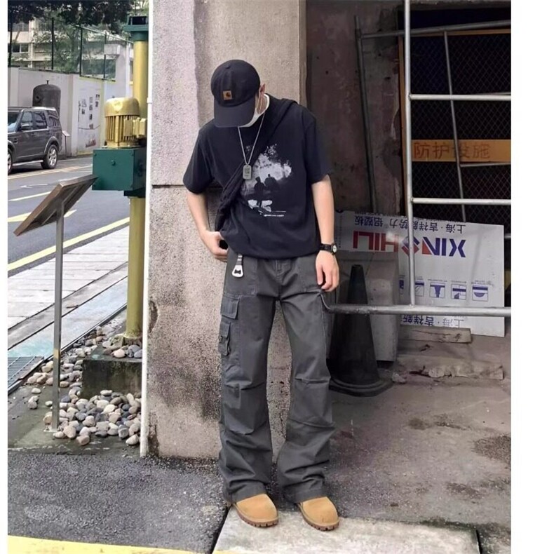 美式复古水洗做旧工装裤子男款多口袋褶皱伞兵裤宽松直筒休闲长裤,男装休闲裤,星座410-7
