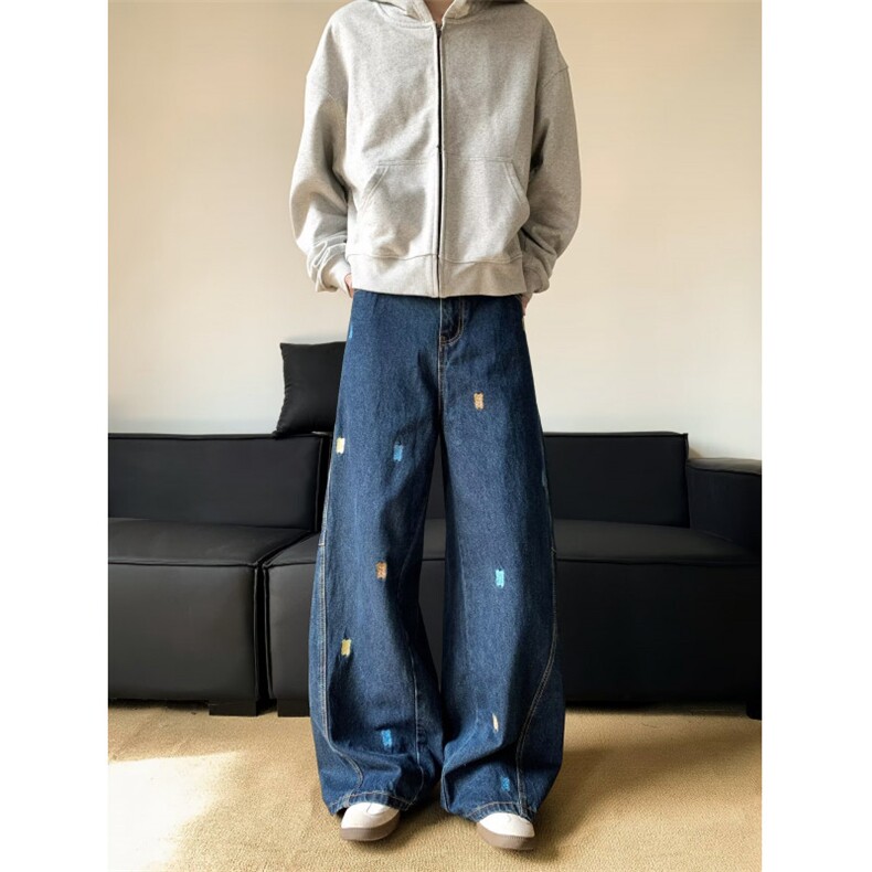 彩色卡通小熊刺绣牛仔裤男2025秋季新款宽松显瘦直筒阔腿休闲长裤，男装牛仔裤，四季星座505