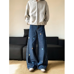 彩色卡通小熊刺绣牛仔裤男2025秋季新款宽松显瘦直筒阔腿休闲长裤,男装牛仔裤,四季星座505