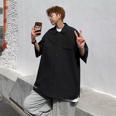 港风短袖衬衫男夏季潮牌痞帅气白色五分半袖上衣工装衬衣，男装衬衫，星座716-4