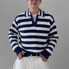 海鸥领海军蓝新贵老钱松弛感条纹毛衣男针织衫，男装针织衫/毛衣，星座1210-1