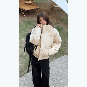 现货5W件冬季三防重磅硬挺boxy短款羽绒立领PU皮棉衣外套加厚棉服图片