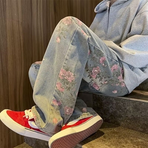满印玫瑰花朵牛仔裤男款美式复古裤子慵懒风松弛感阔腿微喇裤图片