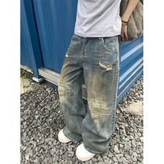 复古水洗脏染做旧破洞双腰头牛仔裤男宽松直筒休闲长裤NE09，男装牛仔裤，星座1116A（原606A-3）