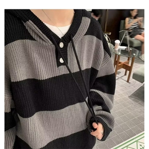 秋冬新款条纹连帽毛衣慵懒风高级感潮牌鹿毛绒针织衫外套my52p55图片
