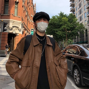 G98-P60 美式复古机车皮衣夹克男棕色飞行员棒球服ins潮图片