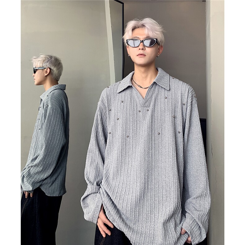 黑色老钱风polo衫长袖T恤男秋季麦穗纹海鸥领V领卫衣珍珠装饰，男装Polo衫，电商C307