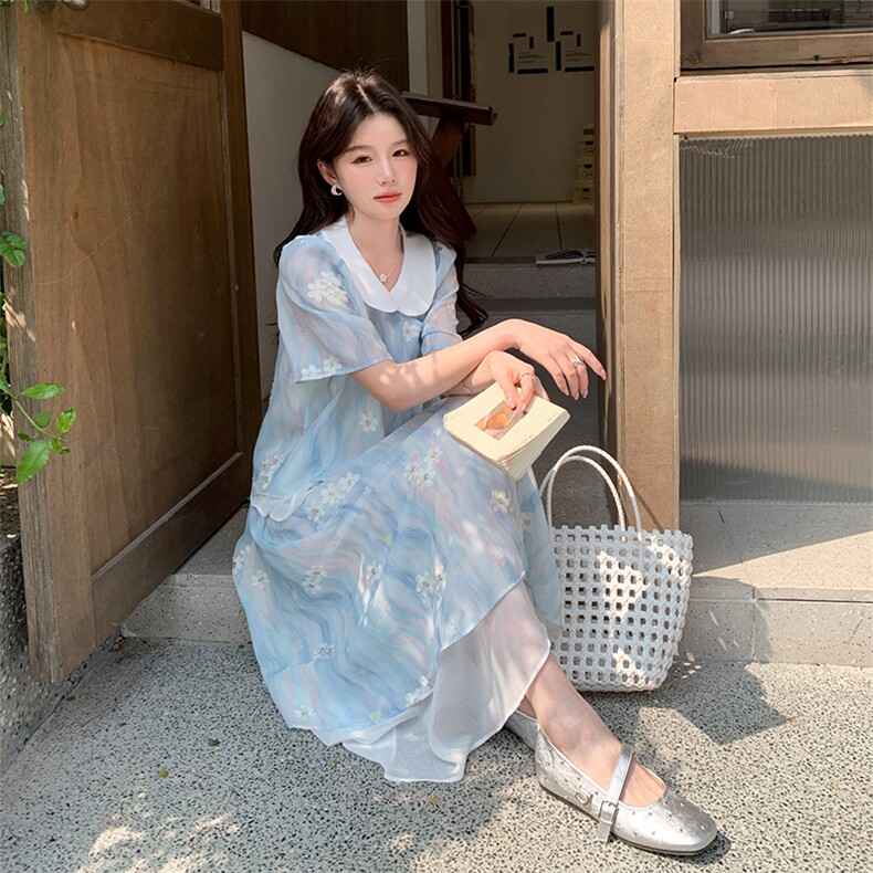 新中式国风娃娃领碎花半身裙套装女夏2025新款小个子温柔风两件套,女装连衣裙,2C285