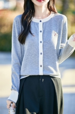 拼色精纺羊毛开衫女圆领拼色刺绣小狗针织衫毛衣外套宽松外搭上衣，女装针织衫/毛衣，佰米娇羊绒