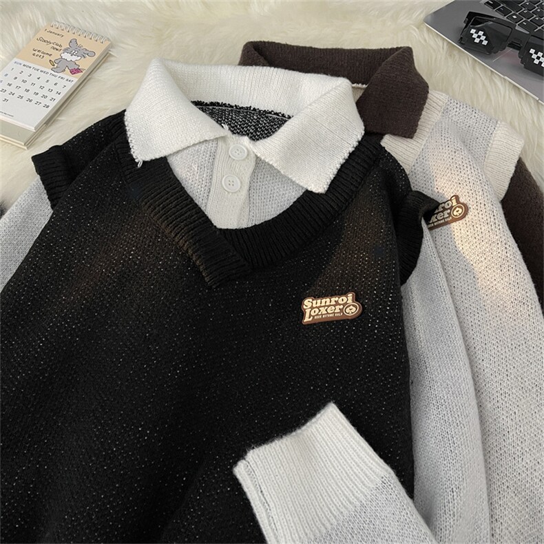 秋款男POLO领套头毛衣假两件针织衫拼色休闲外套M2245 P55图片