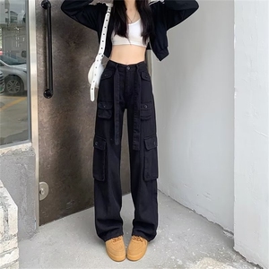 高腰直筒工装裤黑色显瘦甜酷风宽松阔腿休闲裤女图片