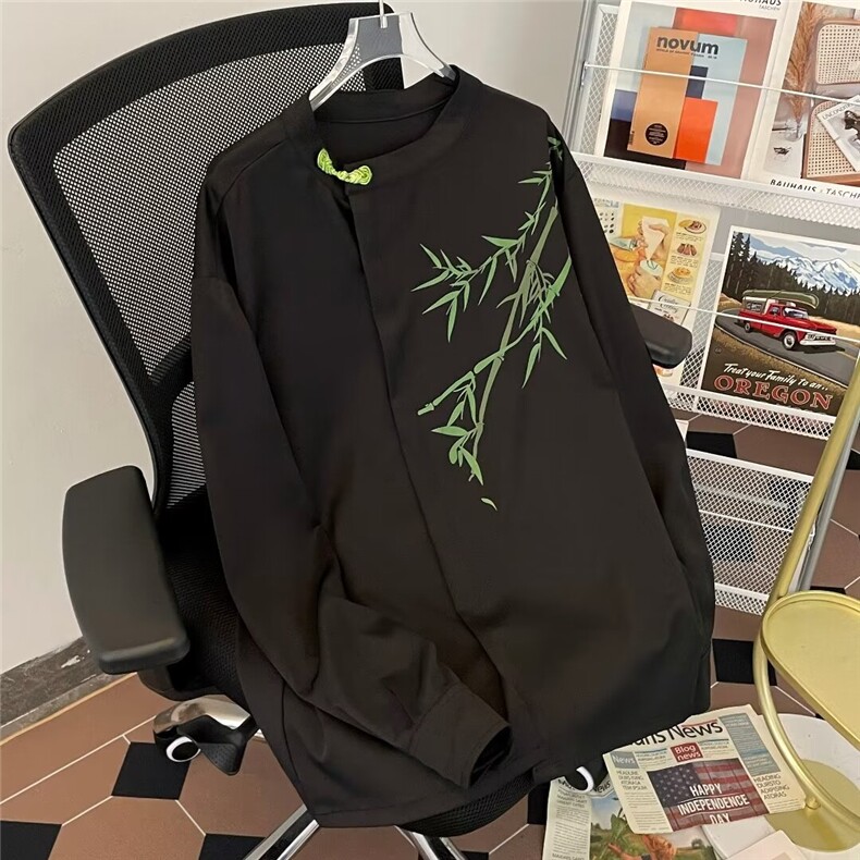 24年新中式男装风翠竹印花长袖衬衫男女改良版汉服清冷感上衣,男装衬衫,星座601-2
