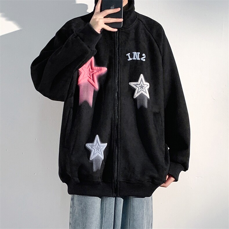 J6618P68光影墙抖音高品质彩色星星印花麂皮绒翻领夹克外套,男装夹克,电商A026-1