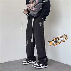 玉米粒加绒休闲裤男港风潮刺绣2023冬季新款ins宽松长裤K2847-P45，男装休闲裤，星座412-3