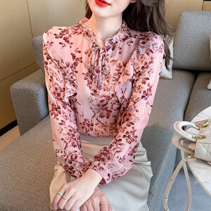 春季新款荷叶边衬衫超仙碎花雪纺衫上衣洋气印花小衫，女装蕾丝衫/雪纺衫，美吧服饰