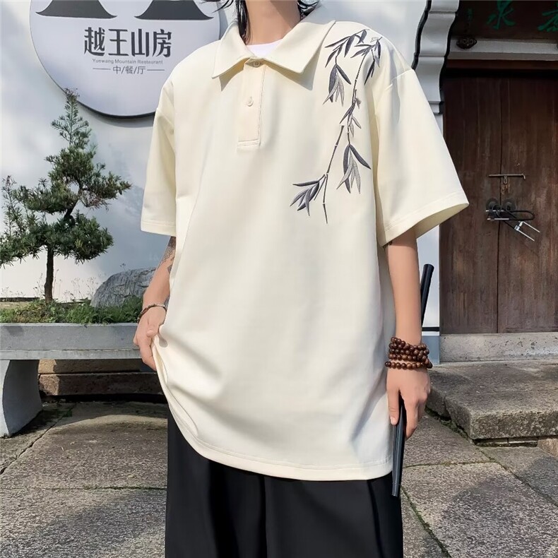 中式仿棉珠地包边刺绣风翻领POLO衫男士短袖休闲体恤T2504，男装Polo衫，星座1116A-1（原606A）