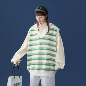 中性22秋冬新款潮流条纹情侣百搭撞色V领马甲毛衣M20P55控68,长的毛衣裙搭配什么鞋图片