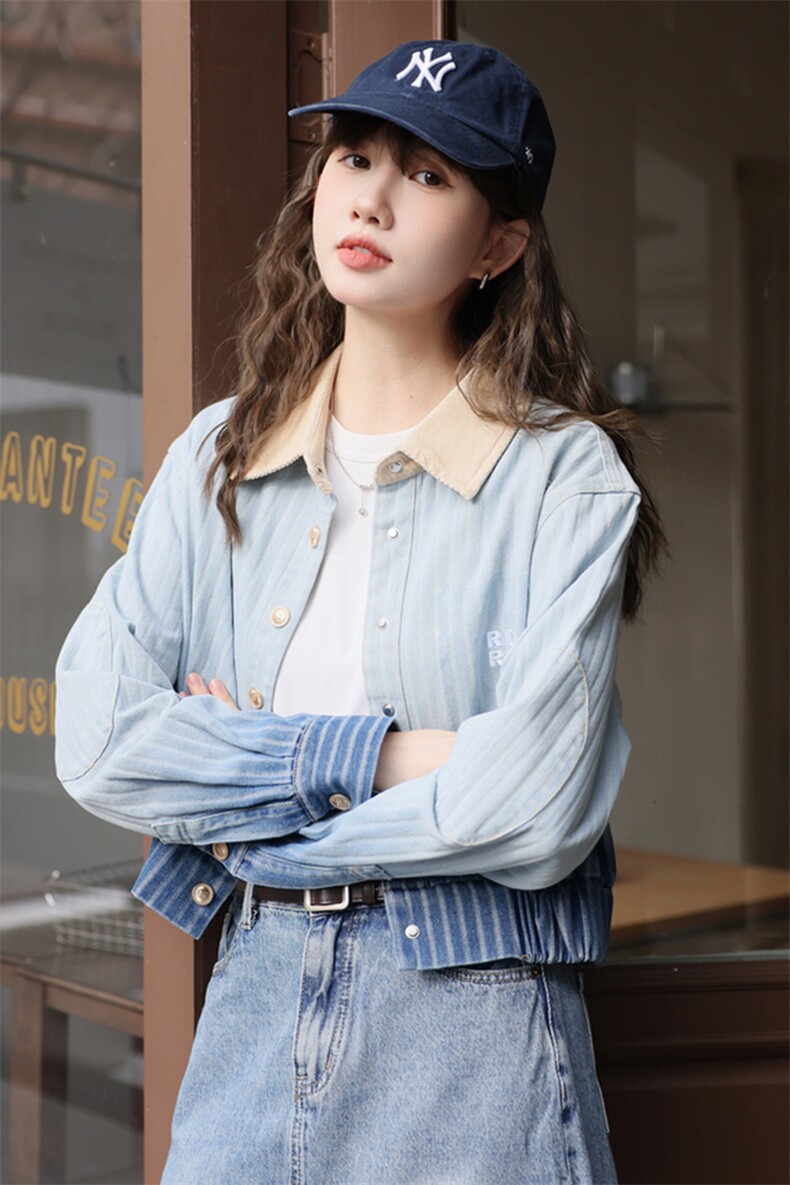 现货可推2024秋装新款水洗渐变复古休闲百搭条纹牛仔外套女,女装牛仔外套,苗苗