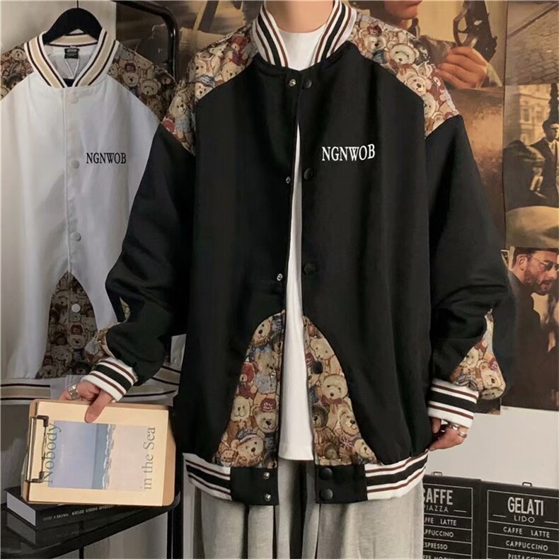 小熊印花拼接外套男高街潮宽松休闲情侣棒球服夹克上衣W1631-P52,男装夹克,星座512-2