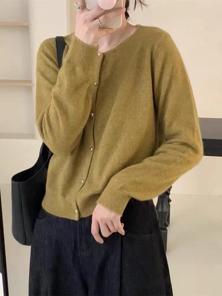 秋冬新款甜美粉色圆领羊毛开衫女百搭显瘦潮流针织衫外套,女装羊毛衫,梵泰羊绒