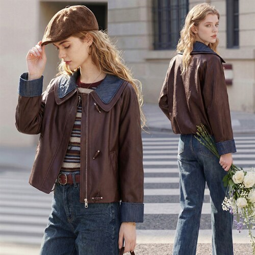 【春季女装新款】大量现货时尚相拼短款皮衣外套，女装皮衣，缘衣格