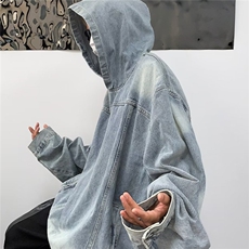 JK8605-P56蓝色美式复古拼接水洗做旧牛仔连帽卫衣，男装卫衣，电商B323A