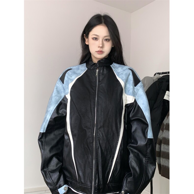 BabyStudios 冬季美式拼色机车皮衣外套男女夹棉防风保暖夹克棉衣图片