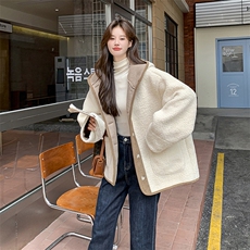 撞色保暖连帽羊羔毛外套女冬季2025新款学院风超火减龄爆款巨好看，女装棉衣/棉服，2C090