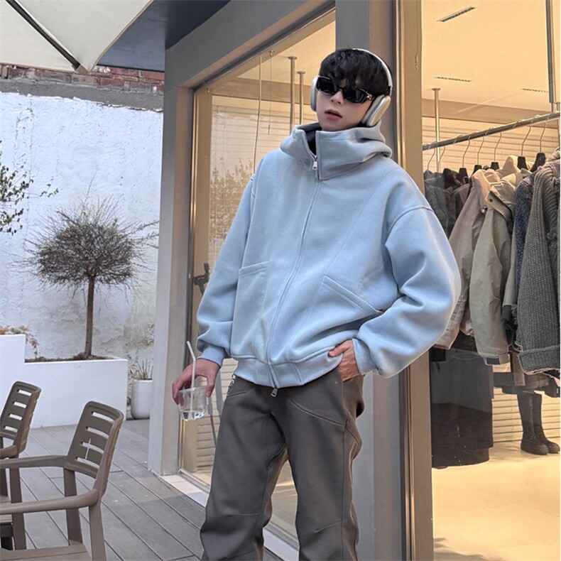 抖音得物高品质秋冬美式高街重磅结构辑明线纹理连帽卫衣外套W111，女装短外套，电商A486-1