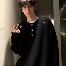 灰色美式亨利领毛衣男秋冬季高级感懒惰风打底针织衫内搭MY298，男装T恤，星座208-5