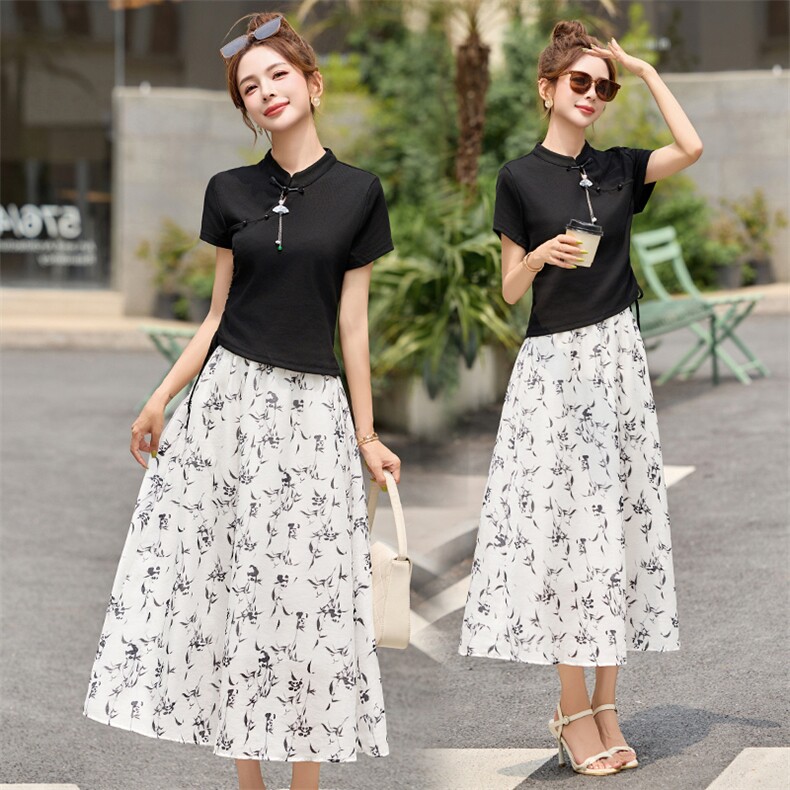 2025夏季新款新中式国风洋气上衣遮肉a字裙半身裙两件套裙LH5123，女装套装/套裙，布芭啦